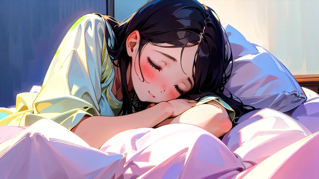 (Highest quality, Masterpiece, Ultra-realistic), Beautiful and delicate15Year-old girl portrait,, The background is the bedroom at home.。Sleeping with a calm expression。