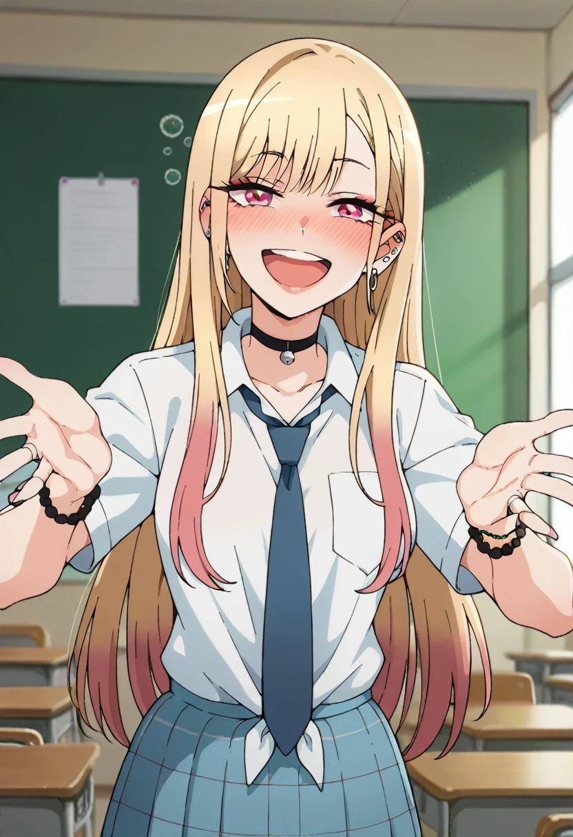 score_9, score_8_up, score_7_up, source_anime, KitagawaMarin, 1girl, ((very drunk)), ((staggers)), smile, upper teeth only, multicolored hair, long hair, magenta eyes, ear piercing, earrings, pink nails, makeup, MarinSchool, bead bracelet, black choker, neck bell, ring, collared shirt, white shirt, short sleeves, blue necktie, plaid skirt, blue skirt, tied shirt, standing, ((shows her tits naked)), ((looking at viewer, hands on own tits)), indoors, classroom, blurry background
