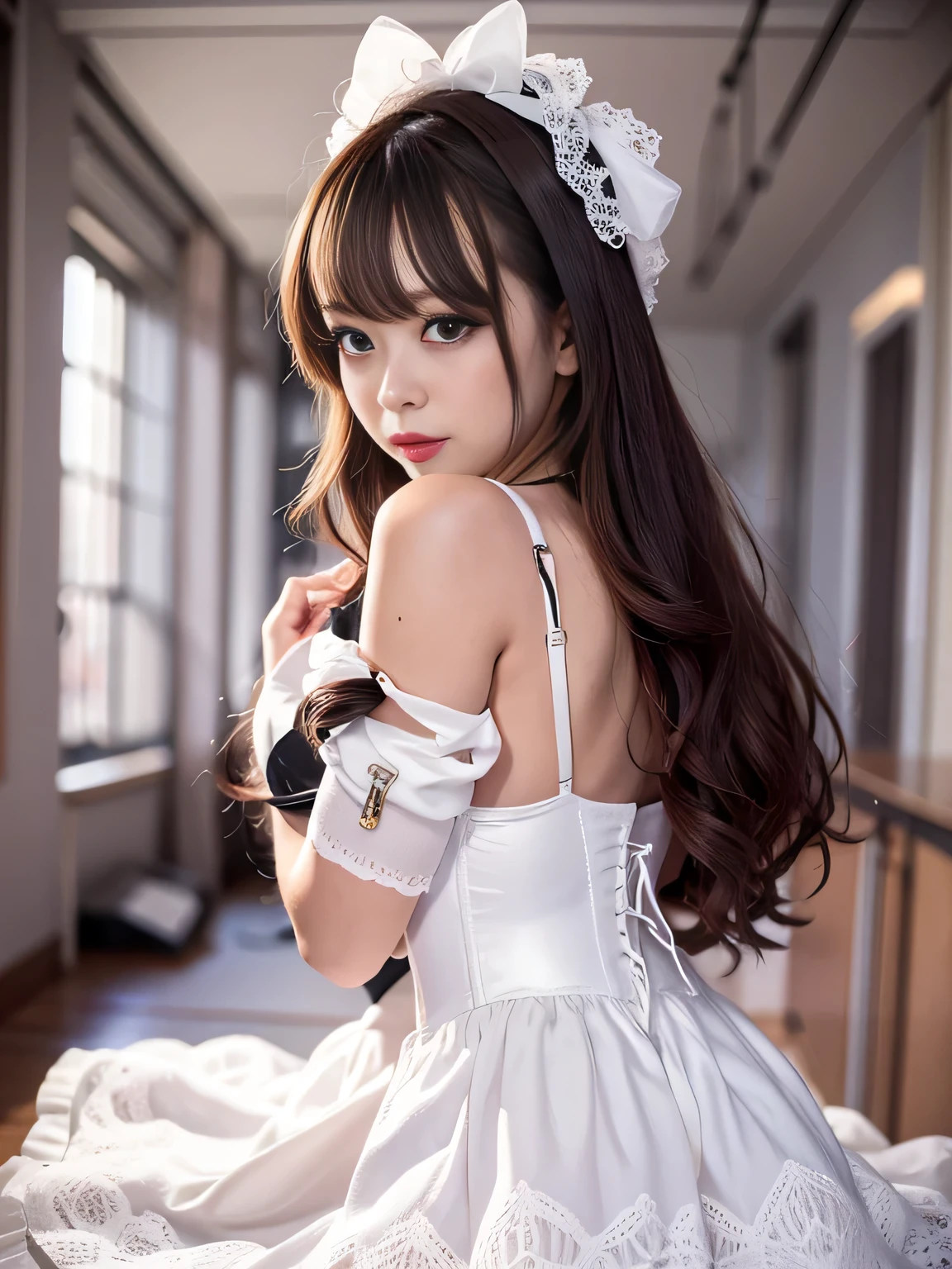 hospital, drape, One Girl, nurse, White Dress, masterpiece, Highest quality, masterpiece, (Very delicate and beautiful:1.2), Blurred Background, who is watching the audience, One Girl, Yui, Girl Girl, Red lips, Flush, Bondage, Bodysuits, corset, shibari, handcuffs, first round, (suspension: 1.6), On the chest, Hands tied, fold your hands behind your back, Inconspicuous, stoop down, High level of detail, cute, blush, cute, Shiny, charm