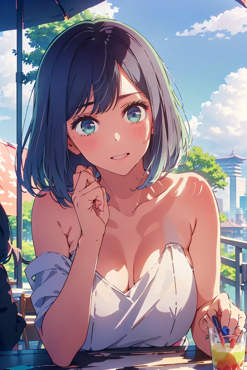 (Highest quality:1.4、8K:1.4、detailed)、F cup bust、Big Breasts、Slim body、Very white beautiful skin、((((1 person、Surprised expression、sit、Chair、In the background are the urban buildings of Tokyo、looking at the camera、Outdoor café terrace、Navy hair color、juice、Shooting up close、Shooting from an angle、table、Very cute face))))、((((nude、Areola))))、(Touching cheeks with both hands pose:1.4、Cheek resting on hand:1.4)、Off-the-shoulder zip-up jacket、Very blue sky、A completely cloudless sky