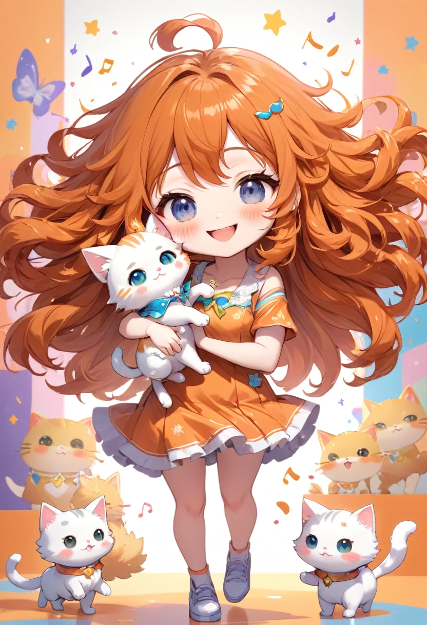 (chibi, big head, full body, super deformed), best quality, super fine, 16k, incredibly absurdres, extremely detailed, 2.5D, delicate and dynamic depiction, cute girl, smiling, orange messy wavy hair, ahoge, holding a cute fluffy cat in her arms, dancing notes effect, pastel and vivid colors background, portrait