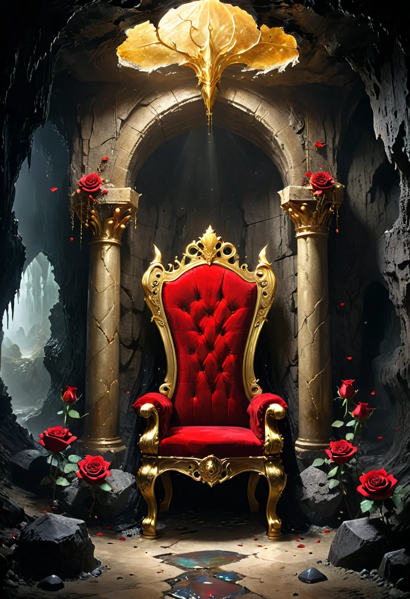 Cave，Underground Kingdom，Gothic style：(((throne，gem，gold)))，Red rose，Dust