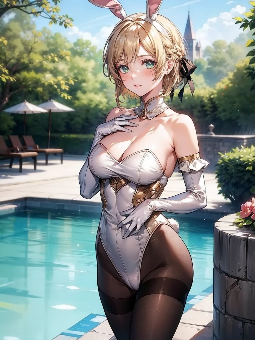 War Ingrid, short hair, Hair Ribbon, One girl, alone, Perfect breasts, ,Earrings glossy lips ,View your viewers, blush, Large Breasts, nature, Pool, wood, garden, long white elbow satin gloves, Holding, Animal ears, Cleavage, Bare shoulders, jewelry, very, A kind smile, pantyhose, Earrings, fake rabbit ears, leotard, fake Animal ears bunny, Long white elbow gloves