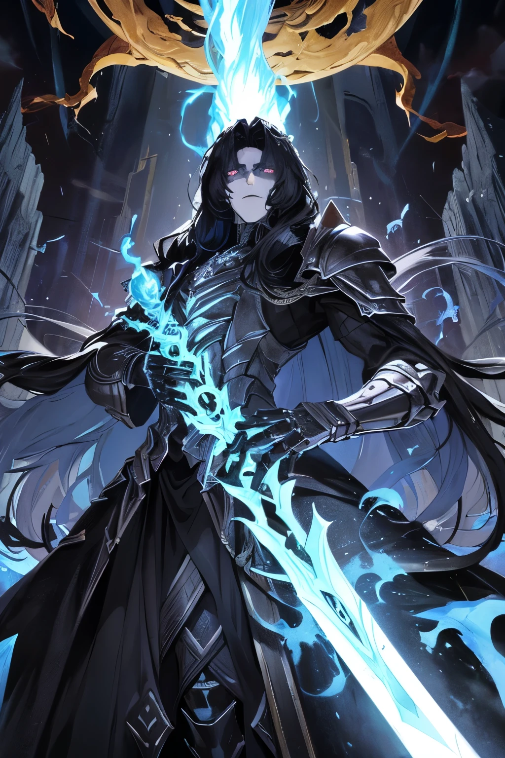 Divine Figure of Dual Worlds, a majestic being with hair as dark as eternal night, exudes an aura of shadow and light. Clad in imposing black armor, this god of sun and darkness standing tall, wields a sword shrouded in an eerie darkness. Apollo, the god of the sun, faces a dreadful challenge, holding in his arms the severed head of Hades, the god of the underworld. The terrifying scene unfolds against a backdrop of swirling cosmic energy, a confrontation between light and darkness, might and power.