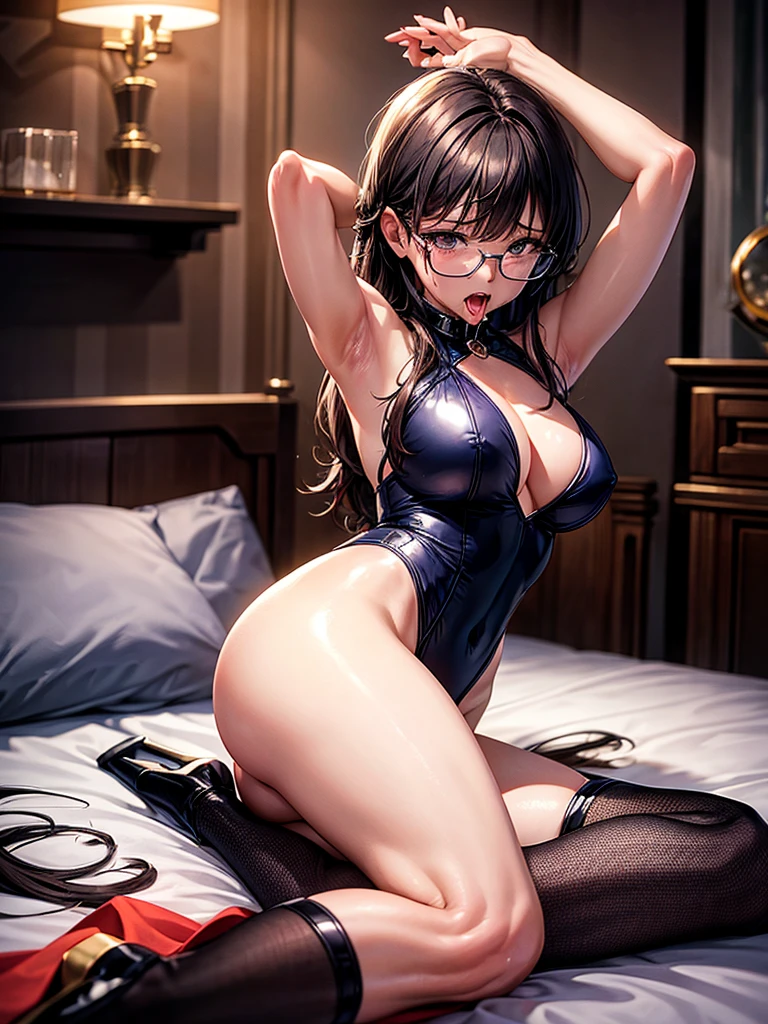 Highest quality,Highest Resolution,A woman in a seductive high-leg leotard,Mouth open, tears and saliva flowing,Dimly lit Western-style room at night,On the bed,Glasses,