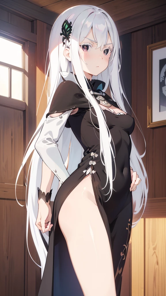 masterpiece, best quality, high resolution, best illustration, super fine illustration, (official art:1.2), anime screencap, (detailed beautiful face and eyes), anime keyvisual, 8k portrait, perfect anatomy, best fingers, 
1girl,
Echidna, 
Echidna \(re:zero\),
long hair, 
white hair, 
black eyes,  
small breasts, 
(long dress), black cape, 
looking at viewer, 
cowboy shot, blush, 
natural light, nsfw, seductive pose, booty pose, background of indoors, lie on the bed, 