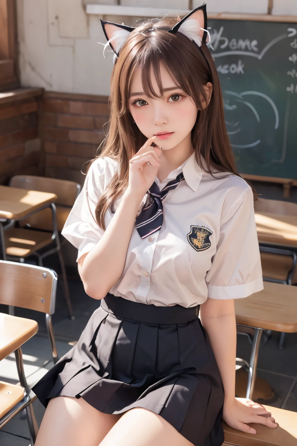 (Cat ears:1.3), (Showing off panties:1.4), (Professional portrait, Realistic and perfectly shaped subjects:1.3), (masterpiece, highest quality:1.2), (Realistic, Ultra-realistic, Realistic:1.3), (ultra High resolution), High resolution, Intricate details, Super detailed, (Highly detailed CG, unity 8k wallpaper:1.3), Clear image,
break
(1 Japanese girl, 16 years old), (cute, Slender figure), (Perfect Anatomy, Correct limbs:1.2), (Perfect hands), Perfect Arms, Beautiful and delicate face down to the last detail, Beautiful and delicate eye and eye highlights, (Very thin and delicate、not too long lashes), (Captivating eyes, Beautifully detailed eyes and face), light makeup, Pink Lip, Lip gloss, Stylish face, (Shiny skin, Realistic skin detail), Brown Hair, medium chest
break
((school uniform)), (High school girl), (Black socks), shirt open
break
(cafe:1.3), sitting , (Cowboy Shot), break
(((blush:1.4))), ((Embarrassing:1.4)), (((shy:1.5)))
break
from below
break