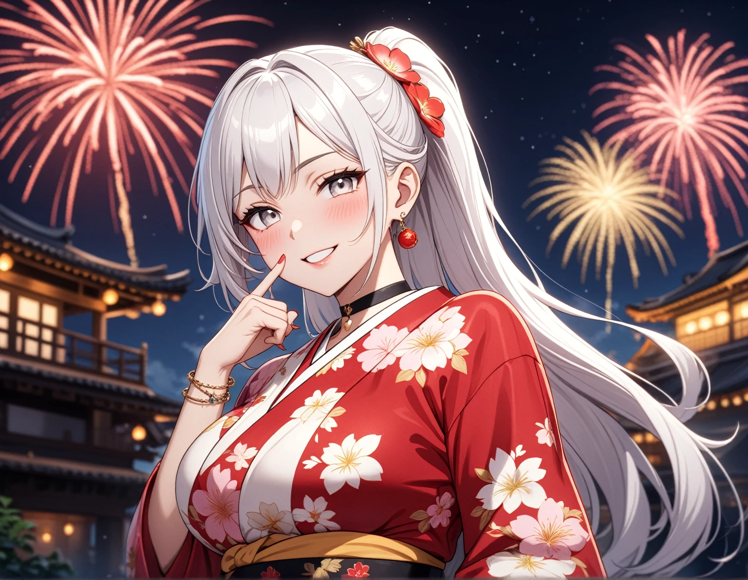 ((Two Women)), Beautiful Face, (Laughing embarrassedly), ((smirk)), ((Wink:1.8)), ((yuri:1.3)), Laugh with your mouth wide open,((Bright red cheeks:1.4)),Shiny red lips, night,横浜のnight景,You can see the ocean, firework,Glossy pink lips,Facial lighting,((Anime style background)),masterpiece, Highest quality, so beautiful,up to date, Complex details, (4fingers and 1thumbs), (Pink long nails), (ring),(bracelet),(choker),AI-generated, Complex,High resolution, Highest quality, super high quality,3D Images、3D Images,One person,Long white hair in a high ponytail, ((Fine grain、Silvery white eyes、Shining Eyes:1.4)), (Squint your eyes:1.1), Long blonde hair in a high ponytail, Anime woman posing for a photo, a hyperRealistic , hyperRealistic , Realistic,Anime woman with long white hair, Smooth anime CG art, A woman in a colorful kimono with gold embroidery, (Black long sleeve kimono),(Pink long sleeve kimono), Red floral pattern,Long flower hair ornament,Earrings,Mature Body,(Big Breasts:1.1),Tall,Abdominal muscles,Narrow waist,(Zoom in on face),