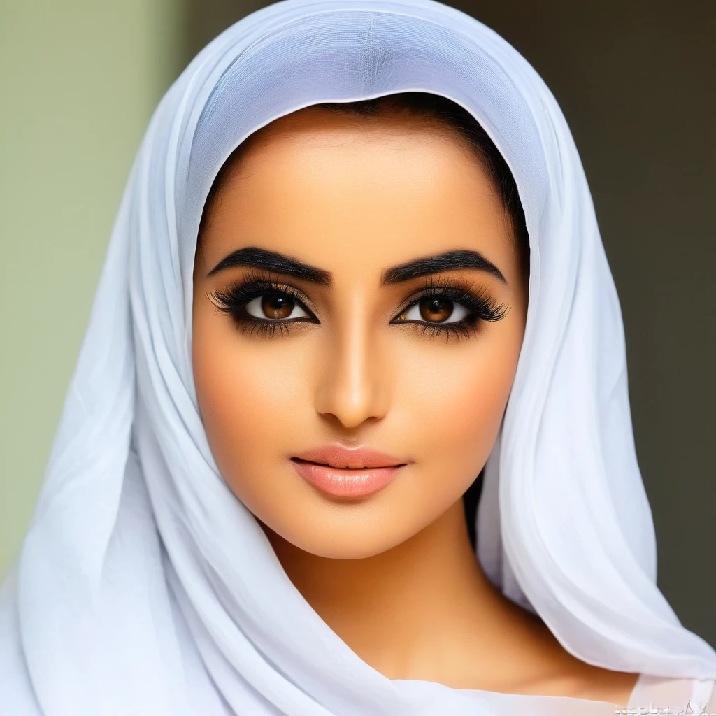 a face of arabian women, she have 26 years old, she have a light strabismus, she is face model worker, somes light wrinkled, is haircut is long black 