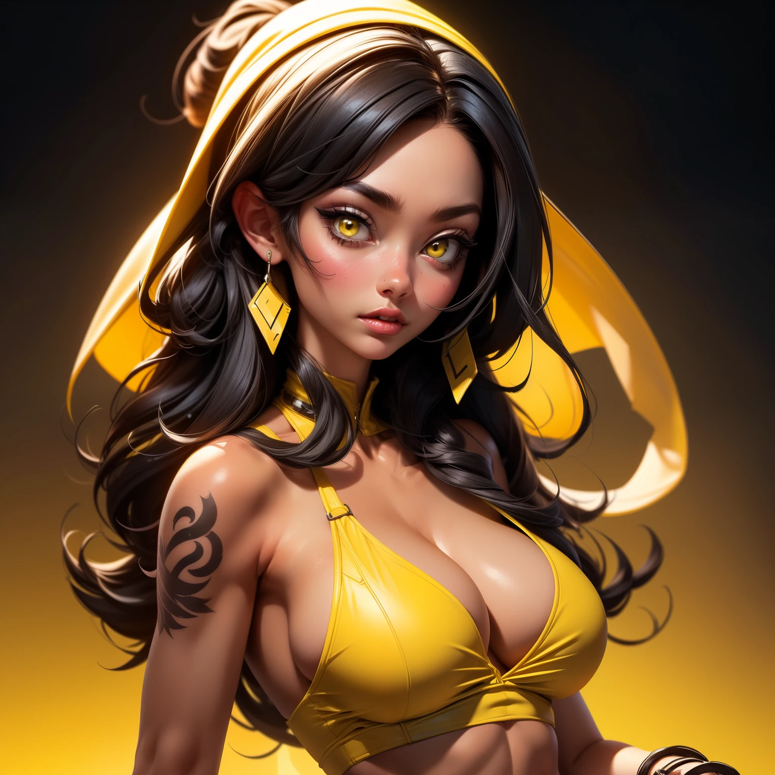 1girl, black hair, tattoo on the body, lips black , (background yellow:1.5) , ultra detail, unreal, ,NeonST2