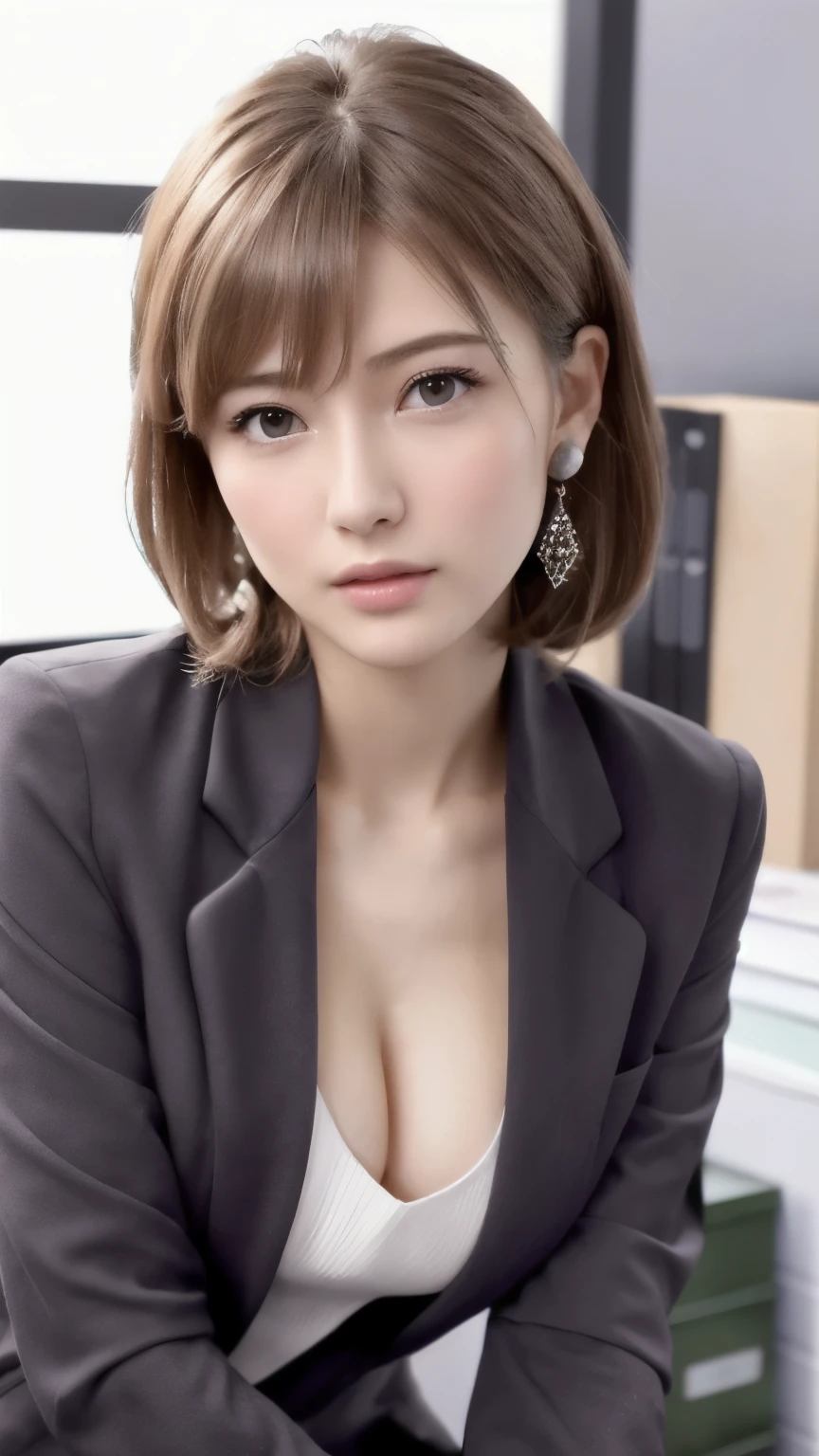 nsfw, (RAW Photos, Highest quality), (Realistic, photo-Realistic:1.3), masterpiece, Very delicate and beautiful, Very detailed, CG, Unity , 2k wallpaper, wonderful, In detail, A light smile, Very detailed CG Unity 8k wallpaper, Large file size, Very detailedな, High resolution, Absurd, Soft Light, (((Medium Hair:1.3), Short bangs, NovaFrogStyle)), Beautiful detailed girl, Detailed fingers, Very detailed eyes and face, Beautiful and detailed nose, Beautiful details, Long eyelashes, Light on the face, ((Cowboy Shot)), Show Viewer,((Office Suits:1.5)), One Girl, cute, young, Adult face, (sexy:1.3), Realistic face, Realistic body, Beautiful thigh detail,