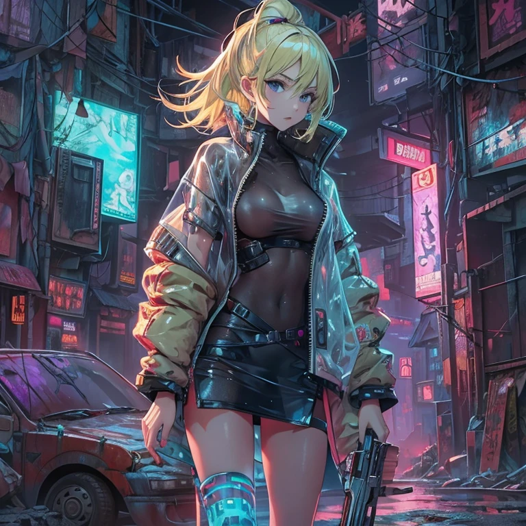 (quality)), ((masterpiece)), Recommended Results luffly、((Cyberpunk slum back alley)), (See through:1.5)、Full-body Esbian、squat、、Stand up straight、Night view with many neon signs, Long, silky light blonde hair, Light blue eyes, (Lean runner&#39;s body, Very small breasts), ((A jumper that is too big and doesn&#39;t fit, Boots with protectors))(Push your hips forward:1.)、Close-up portrait、Thinner、Angle to floor:1.2、The whole body faces the camera，The Invisible Witch