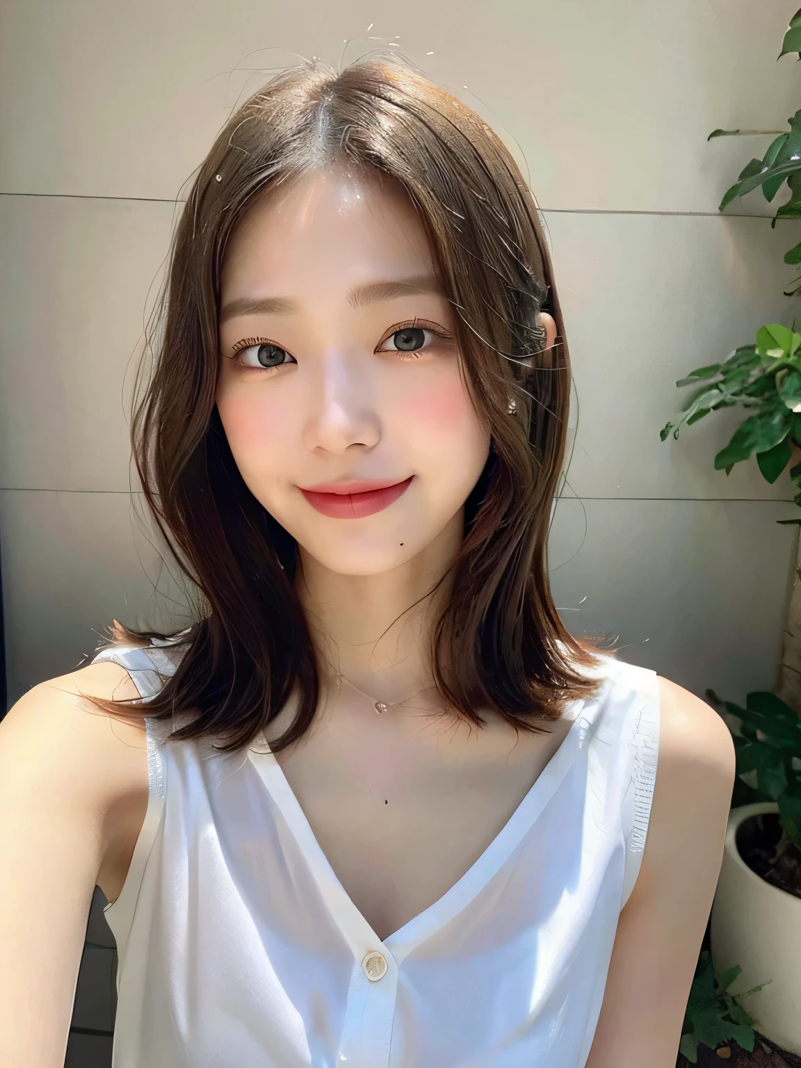One person、、Full body photo、slender、woman、White drool coming out of the mouth、smile、Very short hairstyle、 Fair skin, messy hair, super cute、Soft and Face、8K resolution、Surreal、Ultra high definition、 A-cup small breasts((Highest resolution、8K、masterpiece:1.3))、Ultra-fine face、Ultra Fine Lips、Beautiful Eyes、double eyelid,Sleeveless orange button-down shirt dress、Thighs、thin,Thighsが見える、Shapely small breasts、