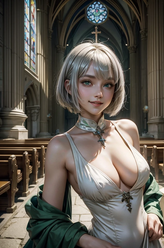 Perfect human body modeling, 1girl, beautiful girl, cute girl and idol face, young face, smile, short and bob cut hair, silver hair, ahoge, white shiny skin, beautiful green eyes, medium breasts, Western-style fantasy, RPG, church, Fantasy Monks, priest, Popess
