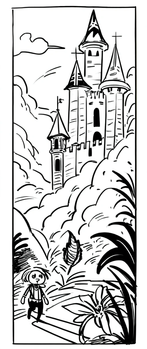 Drawing of a medieval castle in the background, final fantasy IX style, characters running through the jungle, work of art, best qualityer, arte linear, monochrome, White background, black andwhite, coloring book for kids, on paper, full page, free lines, art line high detailed, print, Perfect Anatomia, ((White background)), flowers., 2d, 2d. animated cartoon. styled  
