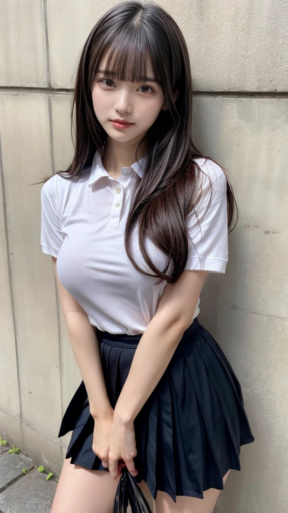 masterpiece, best quality, illustration, Super detailed, fine details, High resolution, 8K,wall paper, perfect dynamic composition, front view,full body, 18 year old girl, Gravure Idol, cute type, (Details High quality, realistic depiction of eyes:1.3), revealing clothes, large breasts, straight hair, bangs, black hair color, Big Natural Color Lip, perfect body shape, plump figure,polo shirt, pleated skirt, mini skirt