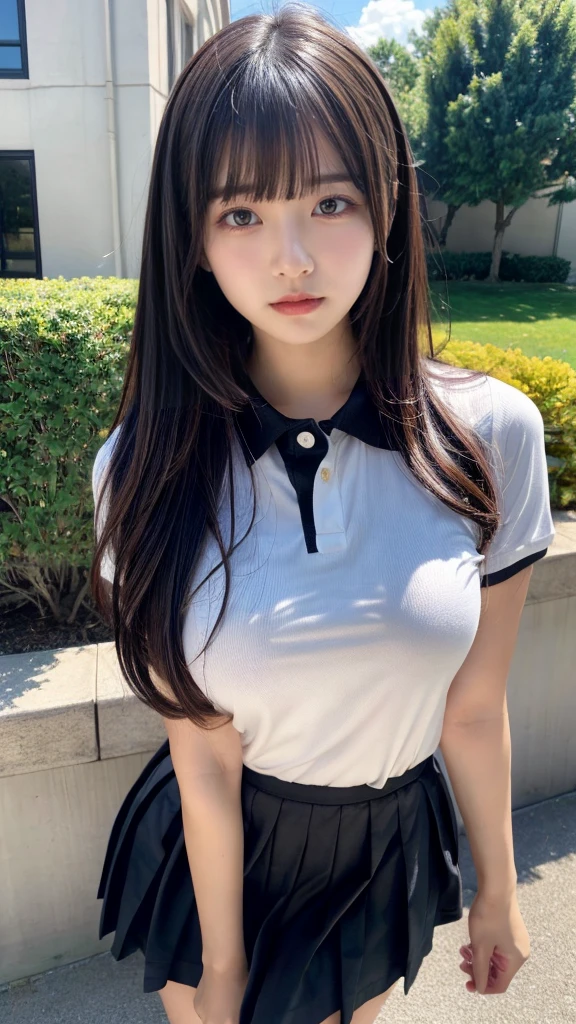 absurdres, RAW photo, extremely delicate and beautiful, masterpiece, Best Quality, ultra high resolution, 32k, hyperrealistic, ultra-detailed, perfect anatomy, perfect figure, super Detailed skin, 20 years old, very Slim body, narrow waist, very small head, very small face, delicate facial features, tearful mole, earring, thin legs, bare legs, ((very huge round breasts)), short medium hair, ((wavy hair)), wet clothes, (((golf uniform))),