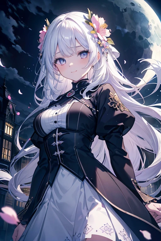 masterpiece, best quality, 1girl, (colorful),(finely detailed beautiful eyes and detailed face),cinematic lighting,bust shot,extremely detailed CG unity 8k wallpaper,white hair,solo,smile,intricate skirt,((flying petal)),(Flowery meadow) sky, cloudy_sky, building, moonlight, moon, night, (dark theme:1.3), light, fantasy,