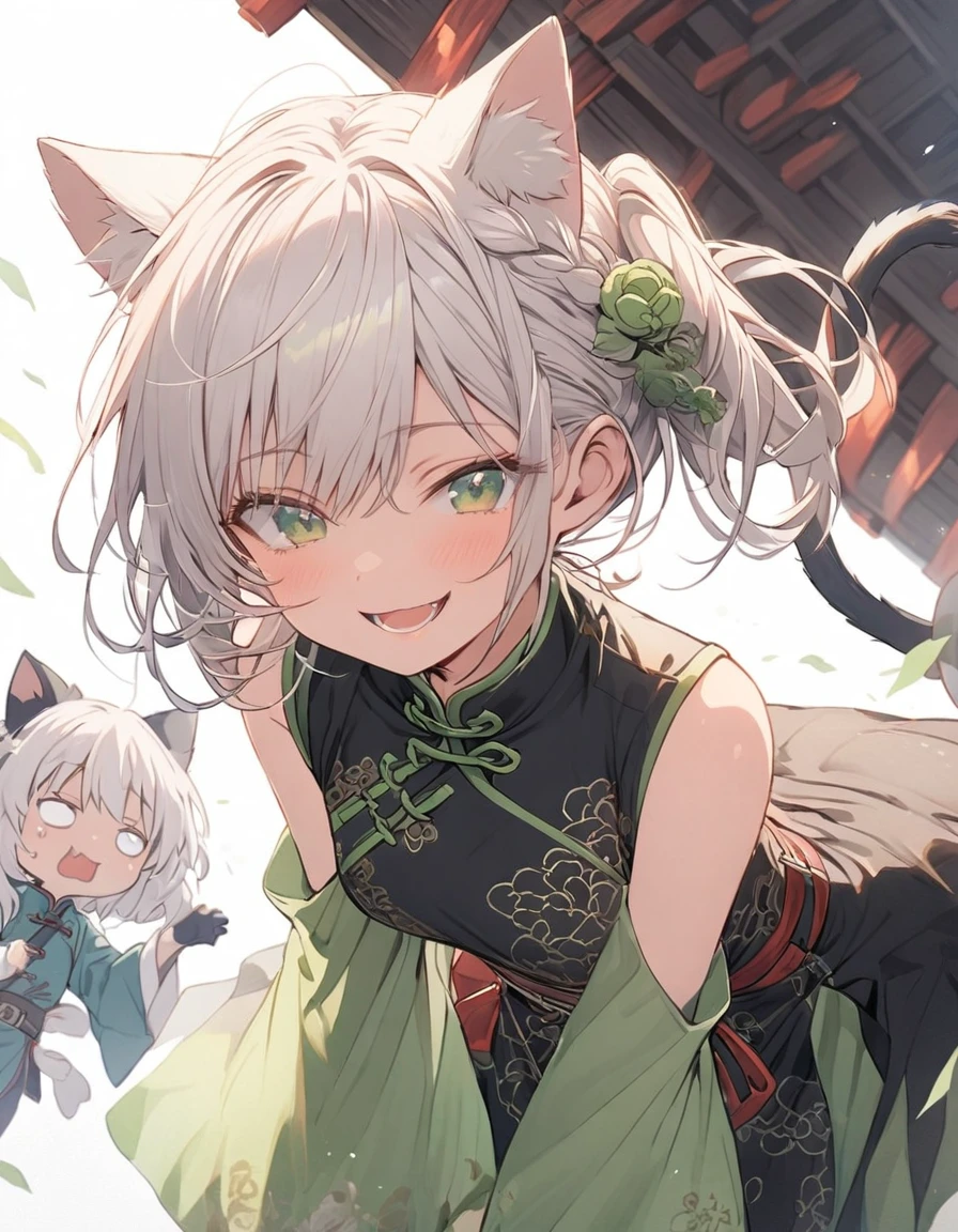 white_hair Droopy eyes Fleeting calm mild mischief Smile cute_girl cat ears Cat mouth green_eye Moe sleeves gray_Farbe_chinese_clothes Belt on torso