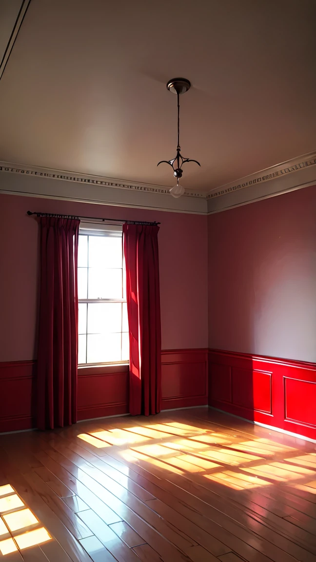 A simple dull looking living room with gloomy red colors.