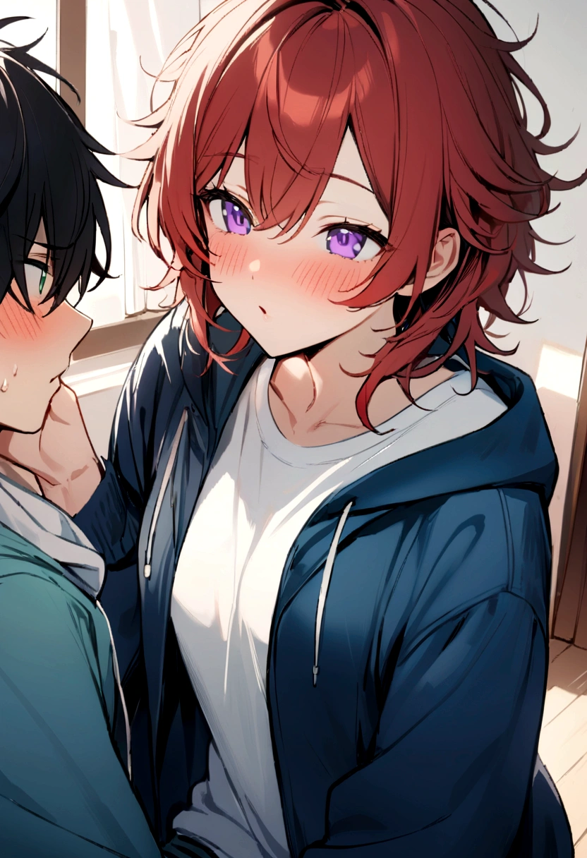 1male,  red hair , messy hair,  Hoodie , blue jeans , white t-shirt underneath, in love expression , best generation , masterpiece quality , Young male , blue Casual Clothing  , green eyes, in love , blushing , with 1girl with long black hair and purple eyes 