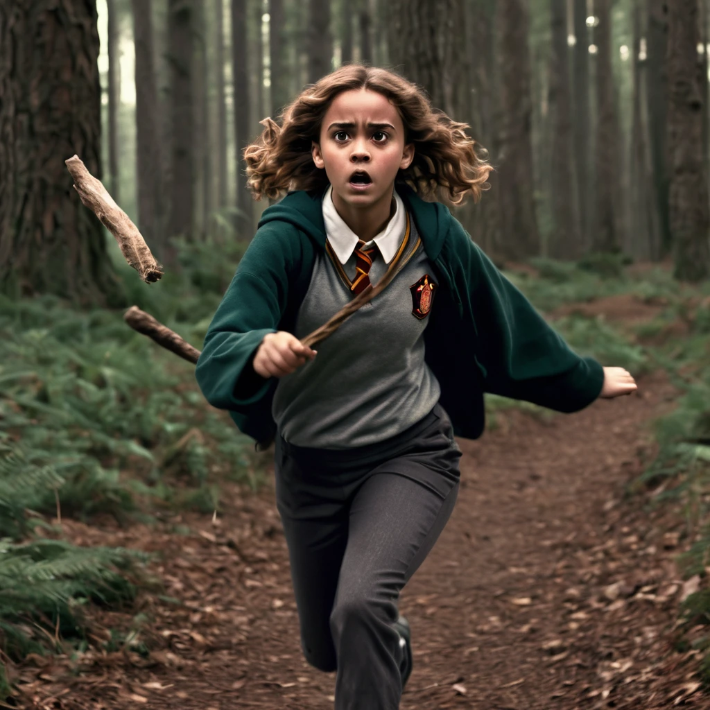 Hermione granger in Hogwarts clothes in forest holding magic stick get scared running