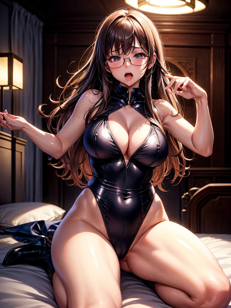 Highest quality,Highest Resolution,A woman in a seductive high-leg leotard,Mouth open, tears and saliva flowing,Dimly lit Western-style room at night,On the bed,Glasses,