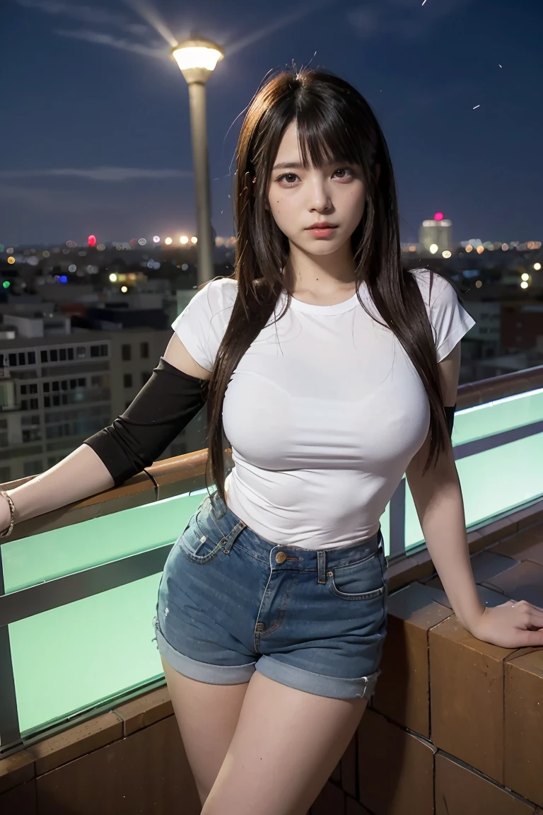 ((Midnight, Best quality, 8k, Masterpiece :1.3)), Whole body, Long legs, Sharp focus :1.2, A pretty woman with perfect figure :1.4, Slender abs :1.1, ((Dark brown hair, Big breasts :1.2)), (White tight tshirt, Jean bib, Standing:1.2), ((Night city view, Rooftop:1.3)), Highly detailed face and skin texture, Detailed eyes, Double eyelid
