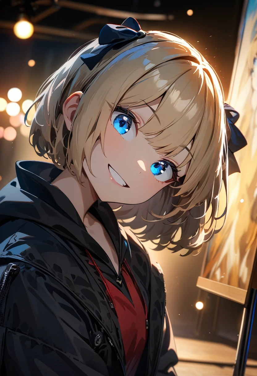 (((One girl))), Shibuya, streat, blond hair, bob cut, (looking at viewer), (((full body))), breasts, ager, head tilt:1.3, (((blue eye))), constricted pupils, (from side:1.3), ((happy smile)), gothic loli.3, hair ornament, hair ribbon, anime style, (best quality, 4k, 8k, highres, masterpiece:1.2, ultra-detailed, ultra-detailed eyes, HDR, UHD, studio lighting, ultra-fine painting, sharp focus, physically-based rendering, extreme detail description, professional, vivid colors, bokeh)