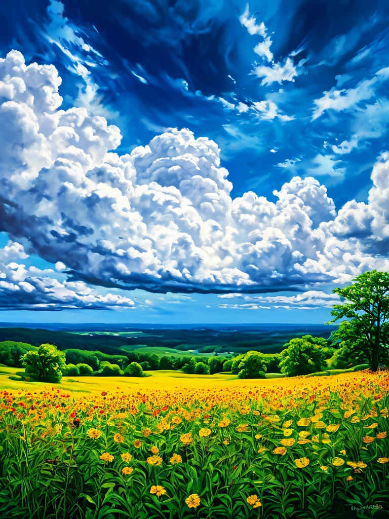 Summer sky (Painterly style), Realistic, highly Realistic, Attention to detail, breathtakingly Realistic, High contrast realism, High Saturation Realism, Vibrant colors, Dramatic lighting, Charming landscape, Persuasive storytelling, Atmospheric scenery, Captivating visuals, Intricate details, Strong emotions, Heavenly beauty, A dreamlike world
