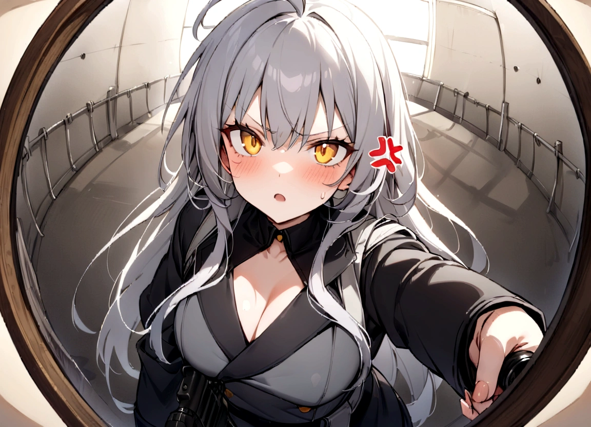 Cat ear、Gun on shoulder、(masterpiece, best quality:1.2), 1girl, 独奏,Black military uniform、Looking through the scope、Point your gun at us、Grey long hair、Ahoge、Yellow Eyes、Ready your gun?、sniper rifle、Background of military bases、Fisheye Lens、battlefield、Shadows of light and darkness、Expressionless、Grim face、anger、battle、A black hoodie over a grey trench coat、