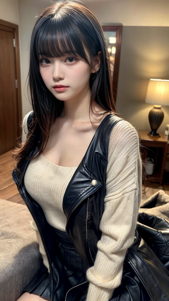 masterpiece, best quality, illustration, Super detailed, fine details, High resolution, 8K,wall paper, perfect dynamic composition, front view, upper body, Upper body only, slatternly posture, She is staring at us with teary eyes., 18 year old girl, Gravure Idol, cute type, (Details High quality, realistic depiction of eyes:1.3), revealing clothes, straight hair, bangs, black hair color, Dark makeup, Big Natural Color Lip, perfect body shape, plump figure, beautiful clavicle, Black leather jacket, Knit sweater that goes all the way down to the neck, pleated skirt, hotel room, drinking party, Drunk and disorderly.
