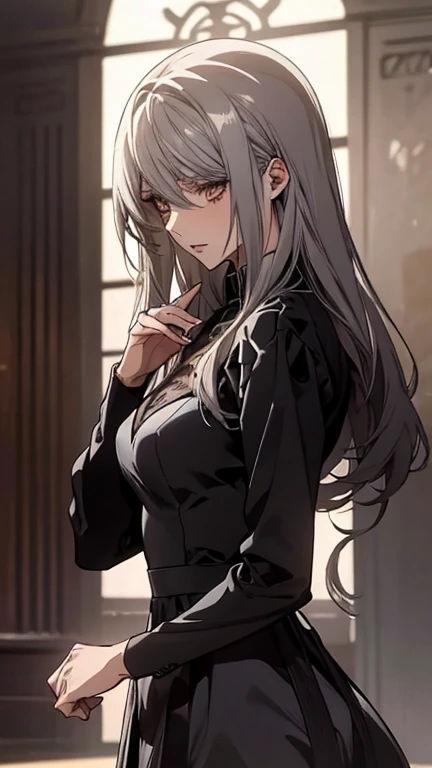 (Confused, High resolution, Very detailed), 1 female, Silver Hair,Long Hair,Reddish brown eyes,black long party dress,Formal wear,20th generation,Beautiful woman,talk,thin,quiet,Small breasts,Calm,Party Venue,black long sleeve dress