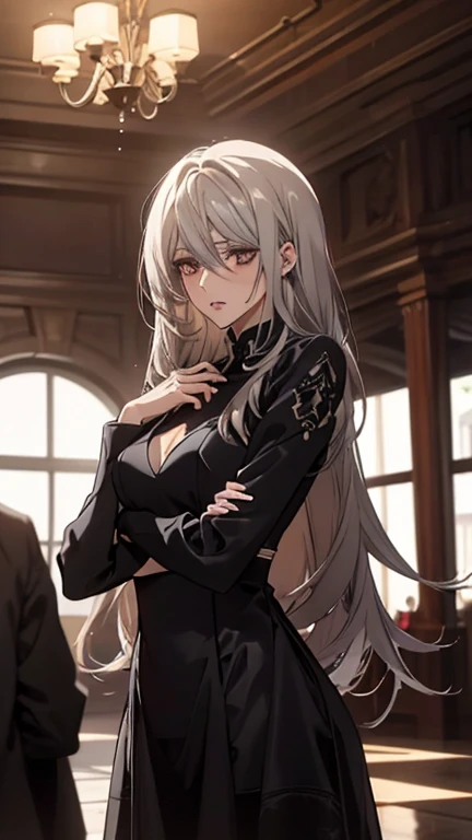 (Highest quality, High resolution, Very detailed), 1 female, Silver Hair, Long Hair, Reddish brown eyes, Black Dress, Nude, pussy, vaginale, ((pussy juice)), secretary, 24th generation, Beautiful woman, mature, thin, quiet, Calm, Large Breasts, A small smile, sofa,