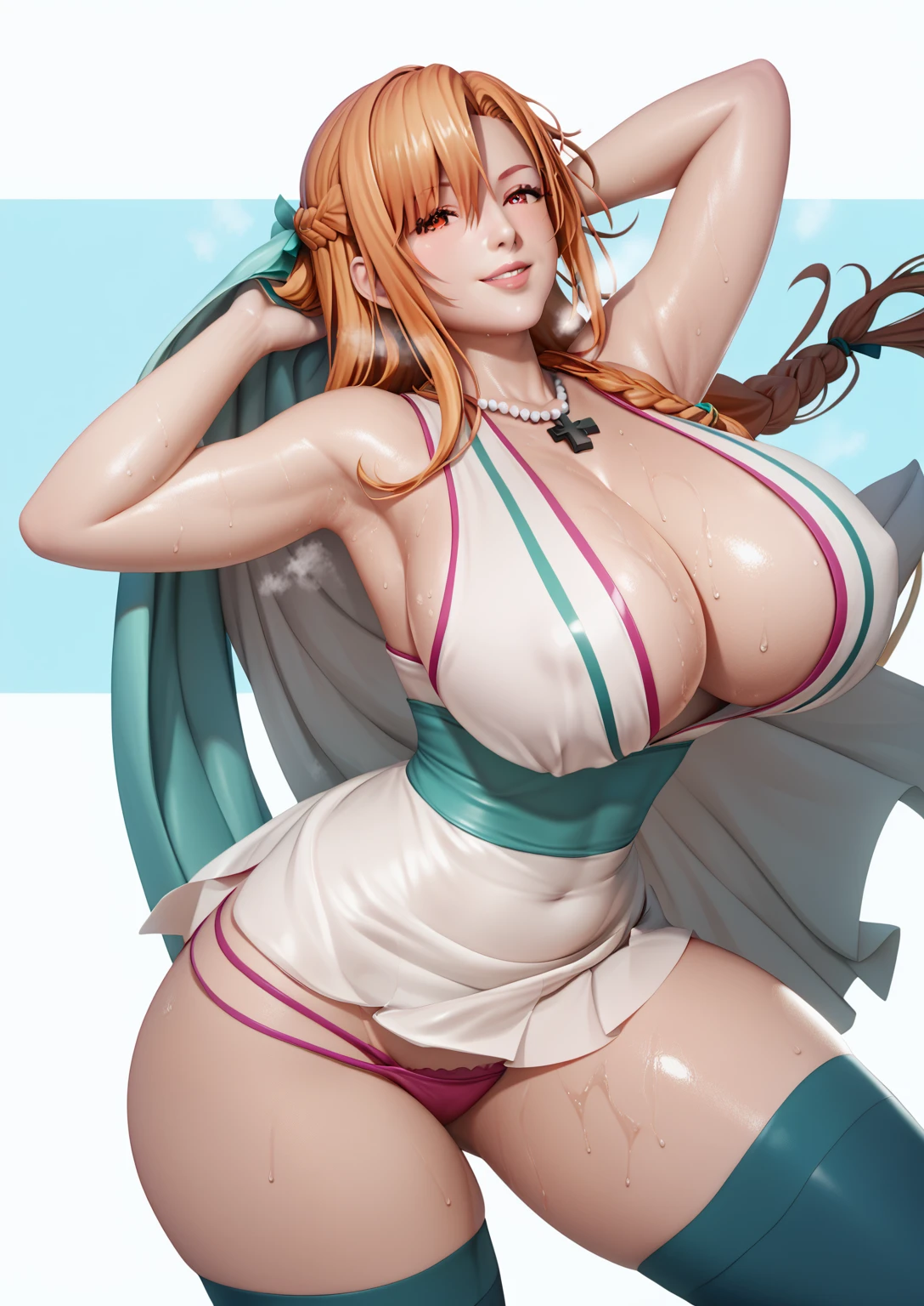 score_9, score_8_up, score_7_up, score_6_up, uncensored, asuna yuuki, orange hair, fold, braid, long hair, orange eyes, naughty face, shiny skin, sweating, steaming body, heavy breathing, BREAK (masterpiece:1.2), best quality, high resolution, unity 8k wallpaper, (illustration:0.8), (detailed eyes:1.3), extremely detailed face, perfect lighting, extremely detailed CG, (perfect hands, perfect anatomy), panties, underwear, pink_panties, huge_breasts, cleavage, lips, thighhighs, solo, necklace, looking_at_viewer, armpits, thighs, smile,