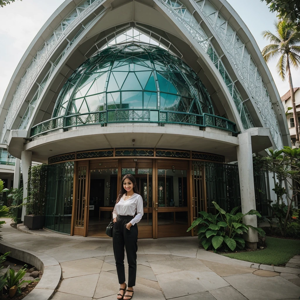 Beautiful indonesia woman standing with smiling and photo pose. This is a picture of a modern architectural wonder. The structure is dome-shaped with an intricate, geometrically patterned glass facade. Inside, there is a lush green garden and a lively flower installation with the words "PRITO SALATIGA" in bold, colorful letters. The overall atmosphere creates a fusion of technology and nature, creating a cool and innovative atmosphere.