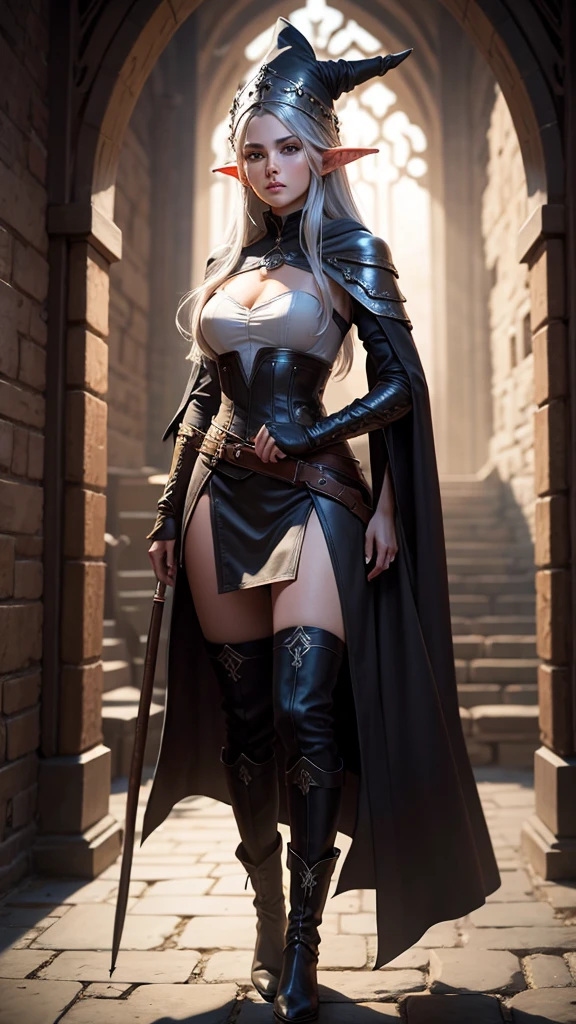 medieval setting, full view of body, 1 female elf mage,beatiful smokey eyes, silver hair, black mage robe with gambeson, wizard hat, black pants, leather boots