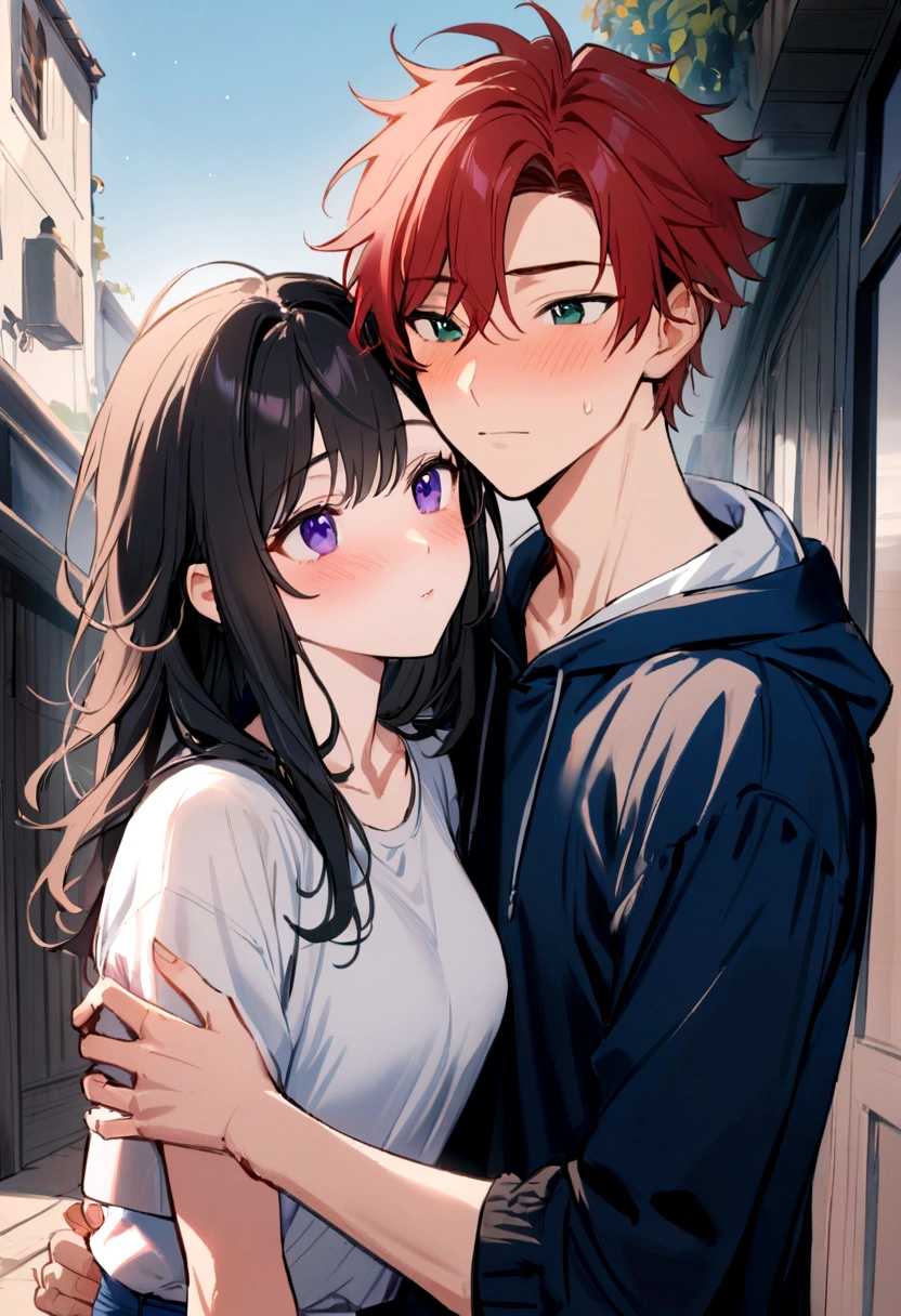 1male,  red hair , messy hair,  Hoodie , blue jeans , white t-shirt underneath, in love expression , best generation , masterpiece quality , Young male , blue Casual Clothing  , green eyes, in love , blushing , with 1girl with long black hair and purple eyes 