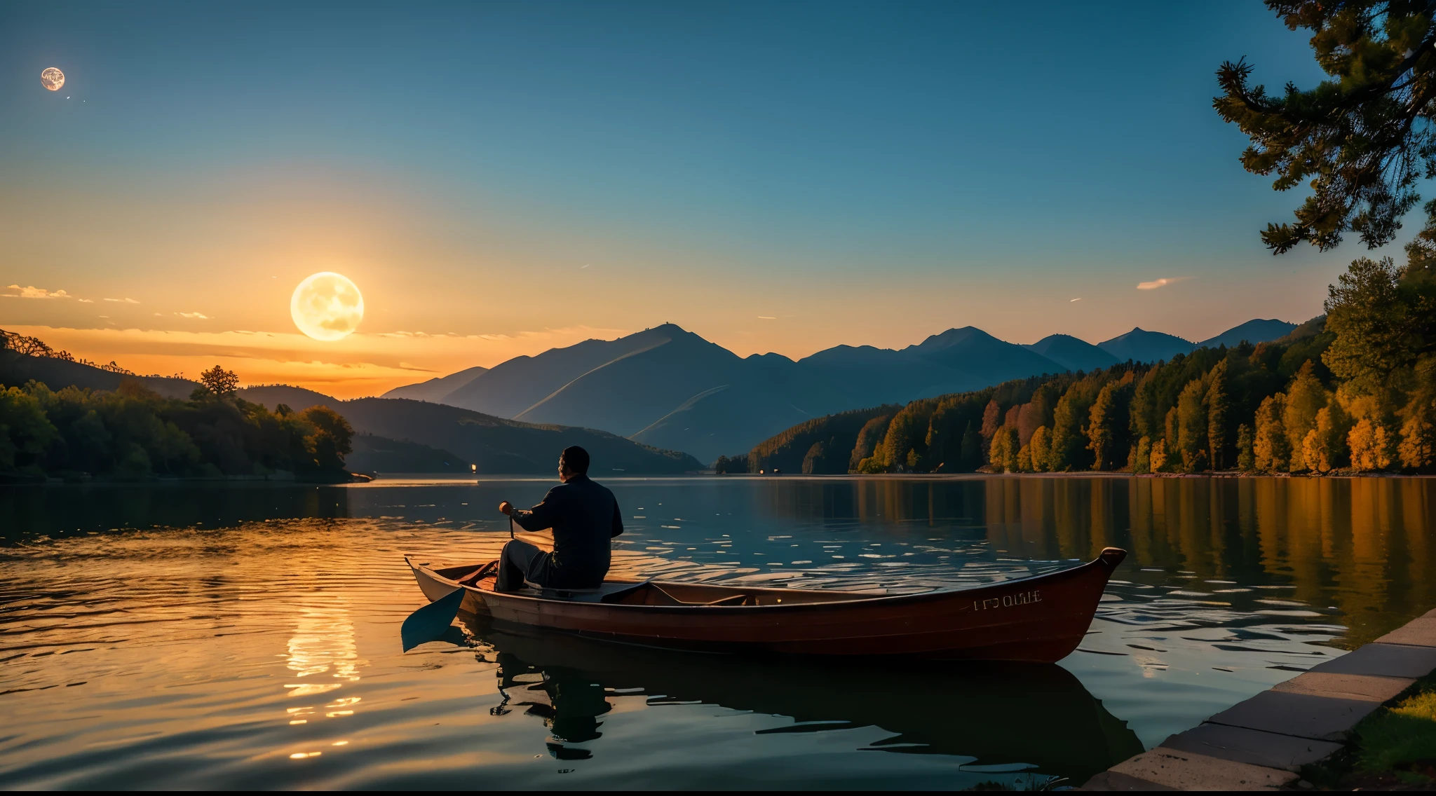 Sailing a big ship、lake in the evening、Big full moon、A man rowing a boat、Lamp Light、Reflection on the water、Fantasy、mysterious、Cinematic、8K、high resolution。