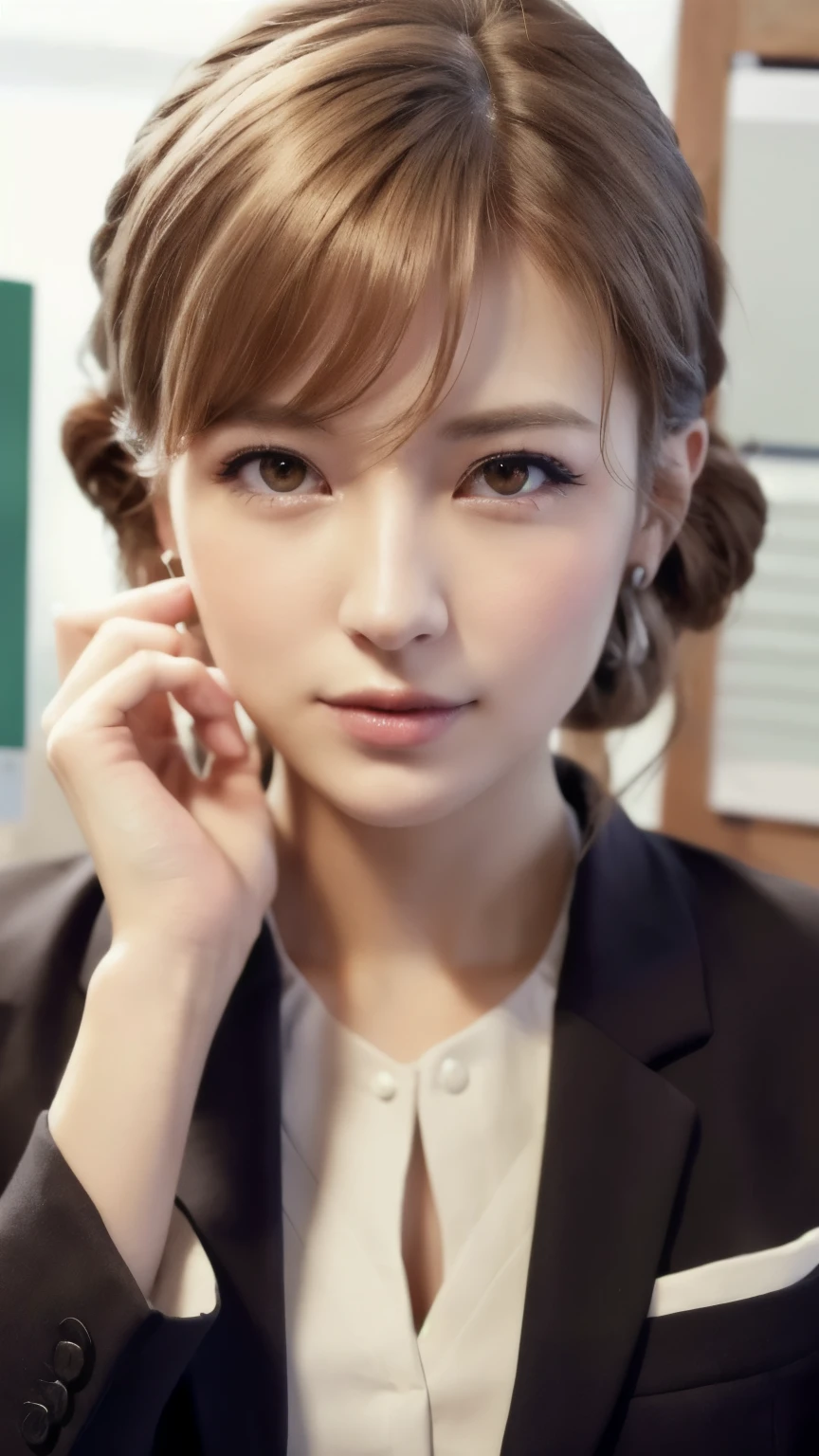 nsfw, (RAW Photos, Highest quality), (Realistic, photo-Realistic:1.3), masterpiece, Very delicate and beautiful, Very detailed, CG, Unity , 2k wallpaper, wonderful, In detail, A light smile, Very detailed CG Unity 8k wallpaper, Large file size, Very detailedな, High resolution, Absurd, Soft Light, (((Medium Hair:1.3), Short bangs, NovaFrogStyle)), Beautiful detailed girl, Detailed fingers, Very detailed eyes and face, Beautiful and detailed nose, Beautiful details, Long eyelashes, Light on the face, ((Cowboy Shot)), Show Viewer,((Office Suits:1.5)), One Girl, cute, young, Adult face, (sexy:1.3), Realistic face, Realistic body