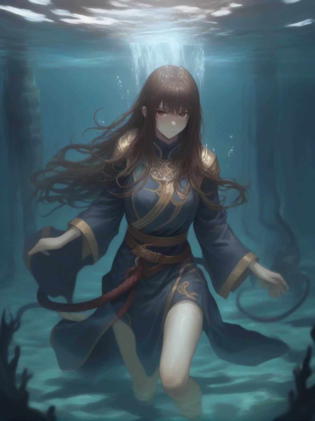 Partially underwater,最high quality,high quality, , Long Hair, Brown Hair, Wet Hair, Flat Chest,Dark underground labyrinth,No light,Cloth armor,Equipped with a dagger and a shield,Face above water,Body in water, Underwater Photography,The robe rolls up due to buoyancy,Painful face、My leg is pulled by tentacles、Being dragged into the water、Go wild