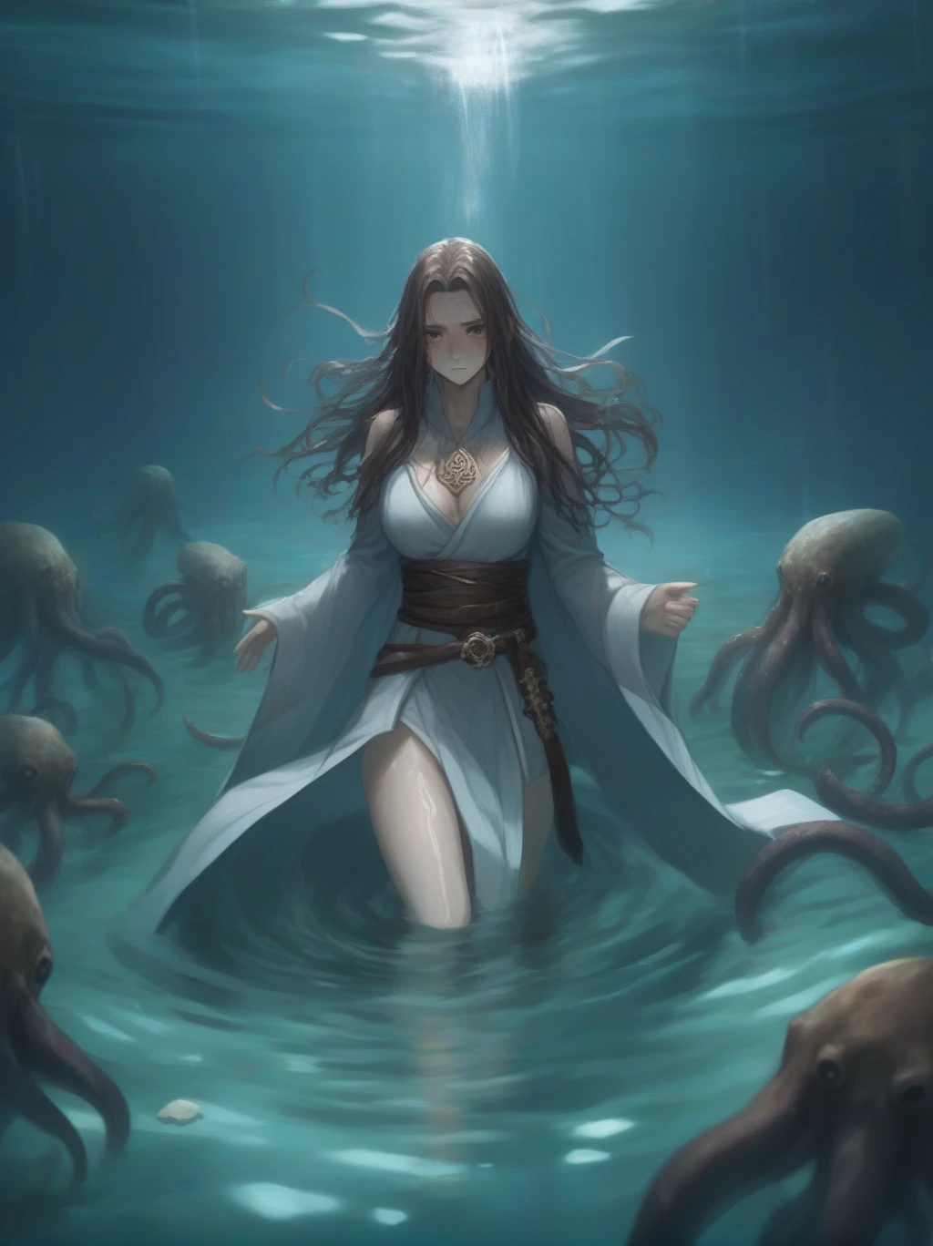 Partially underwater,最high quality,high quality, , Long Hair, Brown Hair, Wet Hair, Flat Chest,Dark underground labyrinth,No light,Cloth armor,Equipped with a dagger and a shield,Face above water,Body in water, Underwater Photography,The robe rolls up due to buoyancy,Painful face、My leg is pulled by tentacles、Being dragged into the water、Go wild