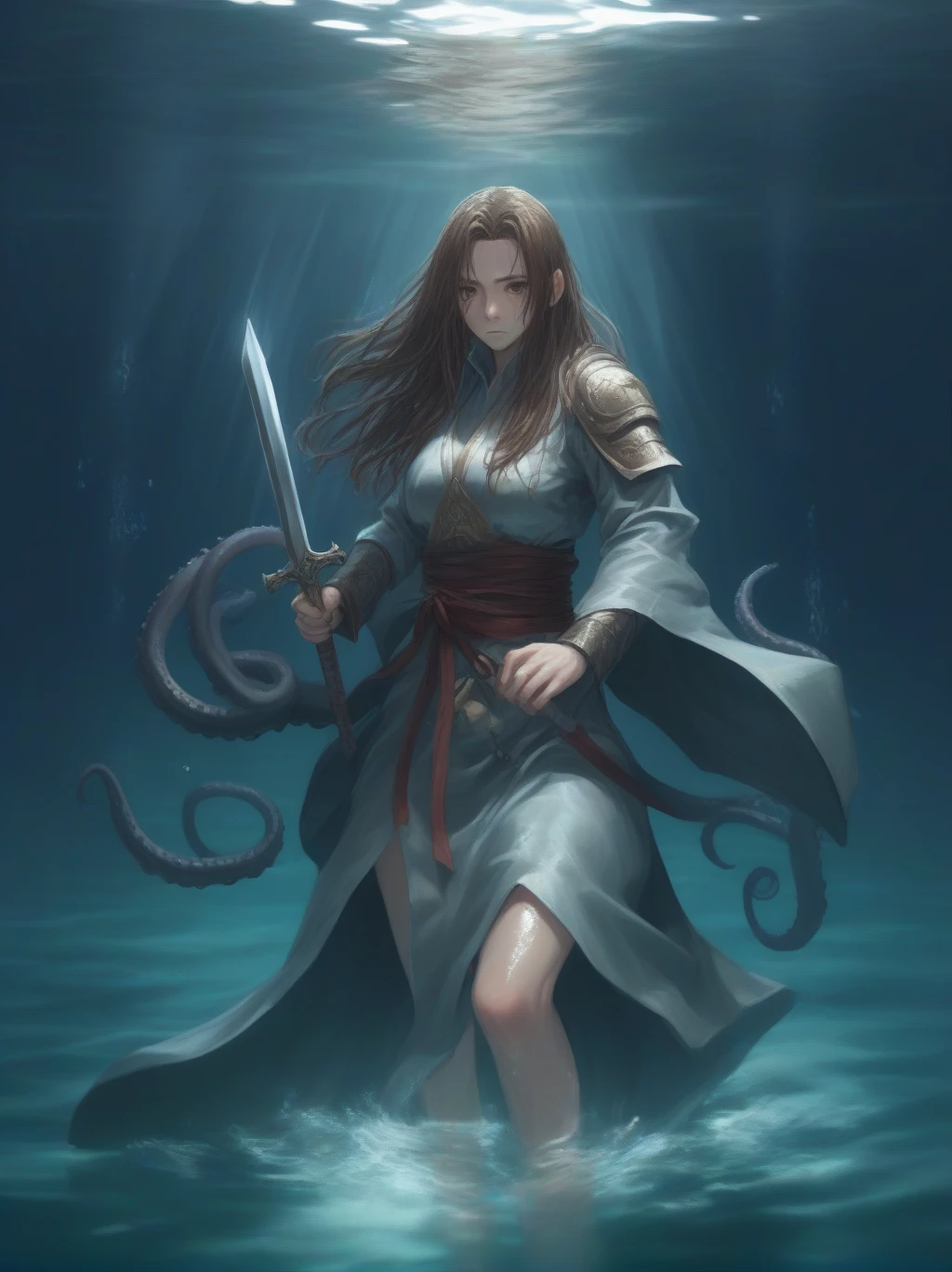 Partially underwater,最high quality,high quality, , Long Hair, Brown Hair, Wet Hair, Flat Chest,Dark underground labyrinth,No light,Cloth armor,Equipped with a dagger and a shield,Face above water,Body in water, Underwater Photography,The robe rolls up due to buoyancy,Painful face、My leg is pulled by tentacles、Being dragged into the water、Go wild