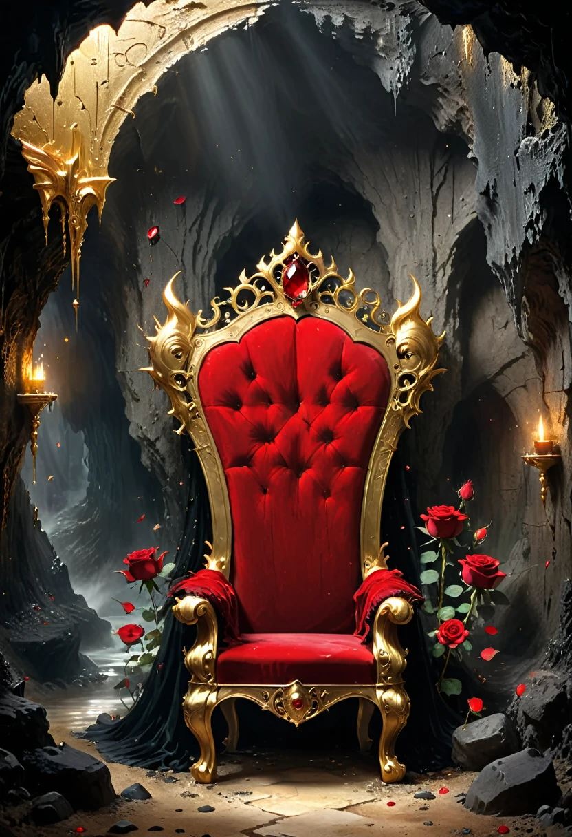 Cave，Underground Kingdom，Gothic style：(((throne，gem，gold)))，Red rose，Dust，Majestic