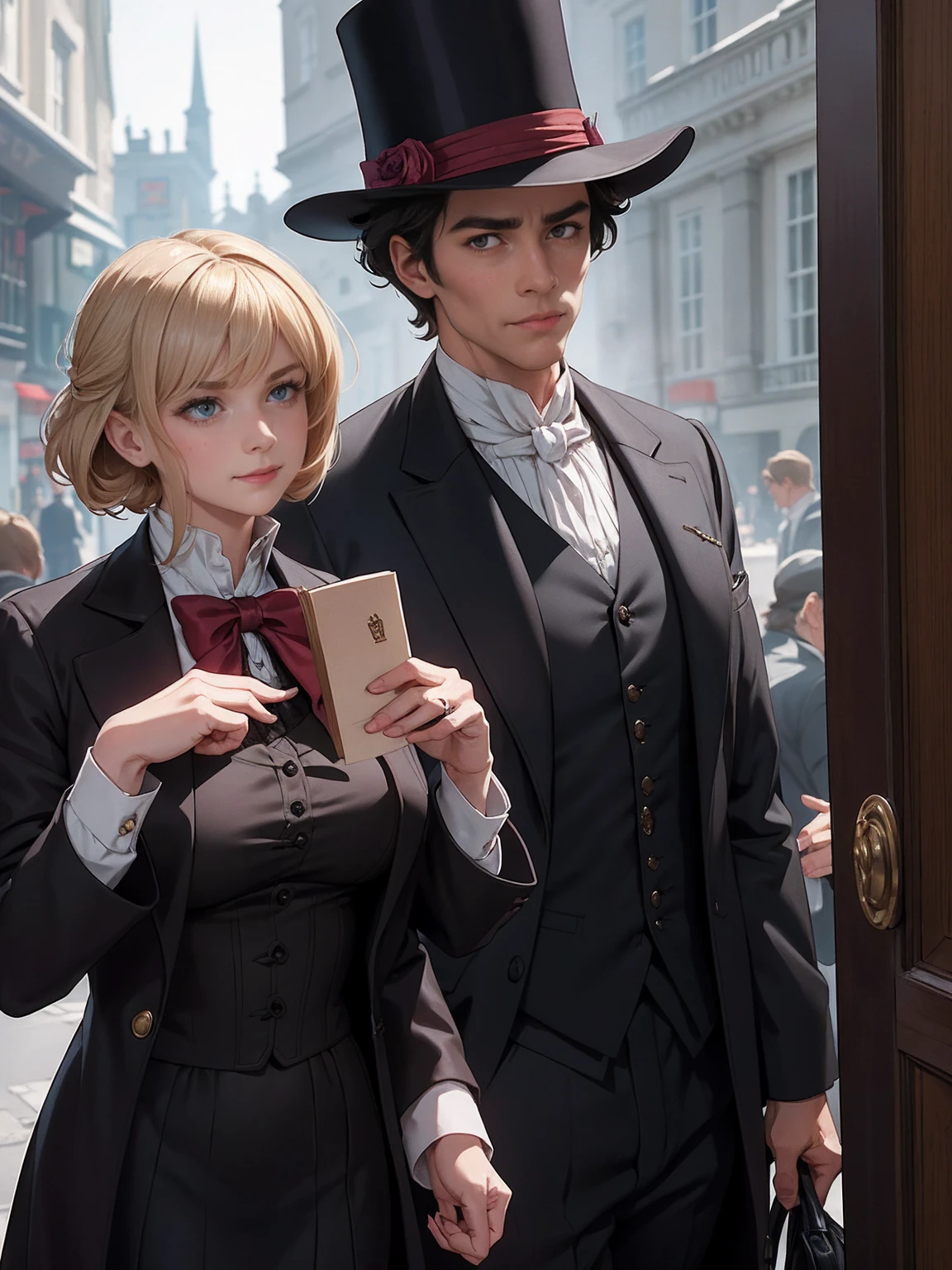Sherlock Holmes & Watson: Two people dive into the world of deduction and adventure, infiltrating the hideout of villains. Baker Street, London. Sherlock, a lady with huge breasts, dressed in a brown frock coat and hat, stands side by side with Watson, a lady with large bust, wearing a white formal suit. Gentle elegance and wild smile amidst wind-blown mist, as they ponder mystery's secrets. Real faces, real bodies, and a real background of Victorian-era London, set the tone for a masterpiece.