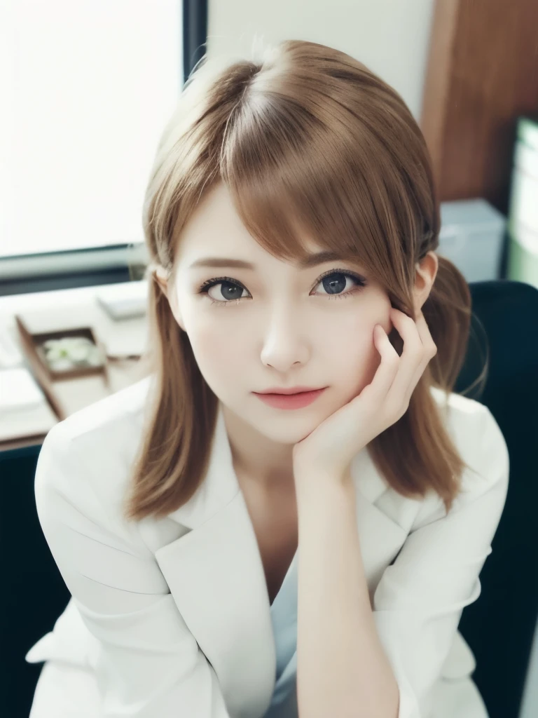 (RAW Photos, Highest quality), (Realistic, photo-Realistic:1.3), masterpiece, Very delicate and beautiful, Very detailed, CG, Unity , 2k wallpaper, wonderful, In detail, A light smile, Very detailed CG Unity 8k wallpaper, Large file size, Very detailedな, High resolution, Absurd, Soft Light, (((Medium Hair:1.3), Short bangs, Nova Frog Style)), Beautiful detailed girl, Detailed fingers, Very detailed eyes and face, Beautiful and sophisticated nose, Beautiful details, Long eyelashes, Light on the face, View Audience,((Office Suits:1.5)), One Girl, cute, young, Adult face, (whole body:1.3), Realistic face, Realistic body, Beautiful thigh detail,