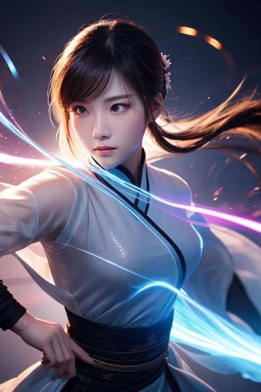 Handsome Chinese men and women competition, whole body, Combat Stance, Sharp eyes, Distinct facial features, Wearing Hanfu, Runes, Holographic Reality, Holographic Halo, Motion Blur, Game light effect, Edge Light, Soft Light, movie Edge Light, Delicate Light