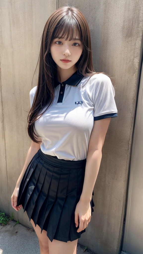 (absurdres:1.3), (highres:1.3), (ultra detailed:1.3),(1girl:1.3), (extremely detailed CG unity 8k wallpaper:1.3), (detailed skin texture, detailed cloth texture, detailed hair texture), (beautiful detailed face, supermodel, pale skin, realistic glistening skin), (RAW photo, best quality), (realistic, photo-realistic:1.4), masterpiece, extremely delicate and beautiful,Amazing, finely detail, extremely detailed CG unity 8k wallpaper, huge filesize, ultra-detailed, highres, absurdres, soft light,rim light, vibrant details, hotel room, straight hair, large breasts, black hair color, Big Natural Color Lip, (perfect body shape), beautiful legs, BREAK (white theme:1.4), (tucked-out short sleeve white polo shirt:1.4), (pink lines on tops outline:1.3), (pure white pleated mini skirt:1.3), (hem of top covers top half of skirt:1.3), (pink fluffy scrunchie on wrist:1.3), (white and pink sports shoes:1.2), crying a little、little smile, Harajuku style、20 year old girl、cute type、lolita、standing