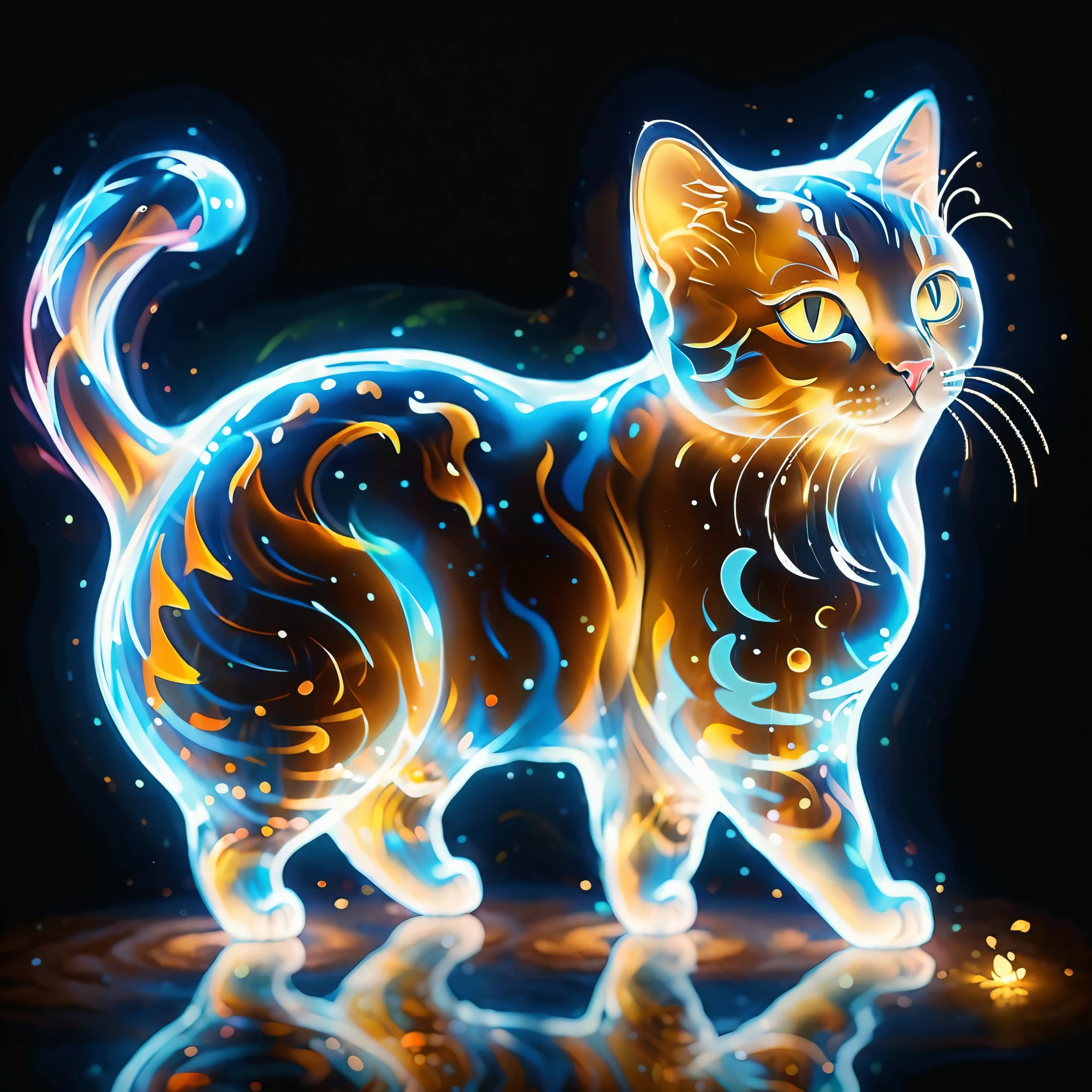 The glowing energy forms the shape of a cute cat, forming intricate patterns that ripple and change over time.