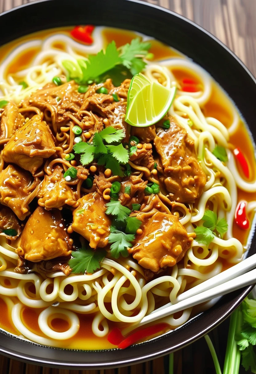 a photo of chicken noodle indonesian food, high-angle photo, soft light, mouthwatering, photorealistic, culinary book style